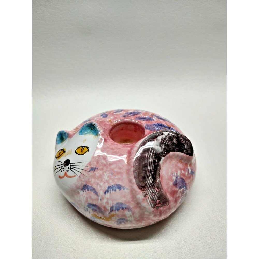 Vintage Pier 1 Cat Candlestick Holder Italy Pink Blue Kitten Pottery 4"
